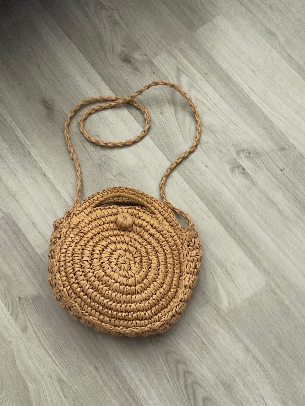 Handwoven Round Straw Crossbody Bag in Tan